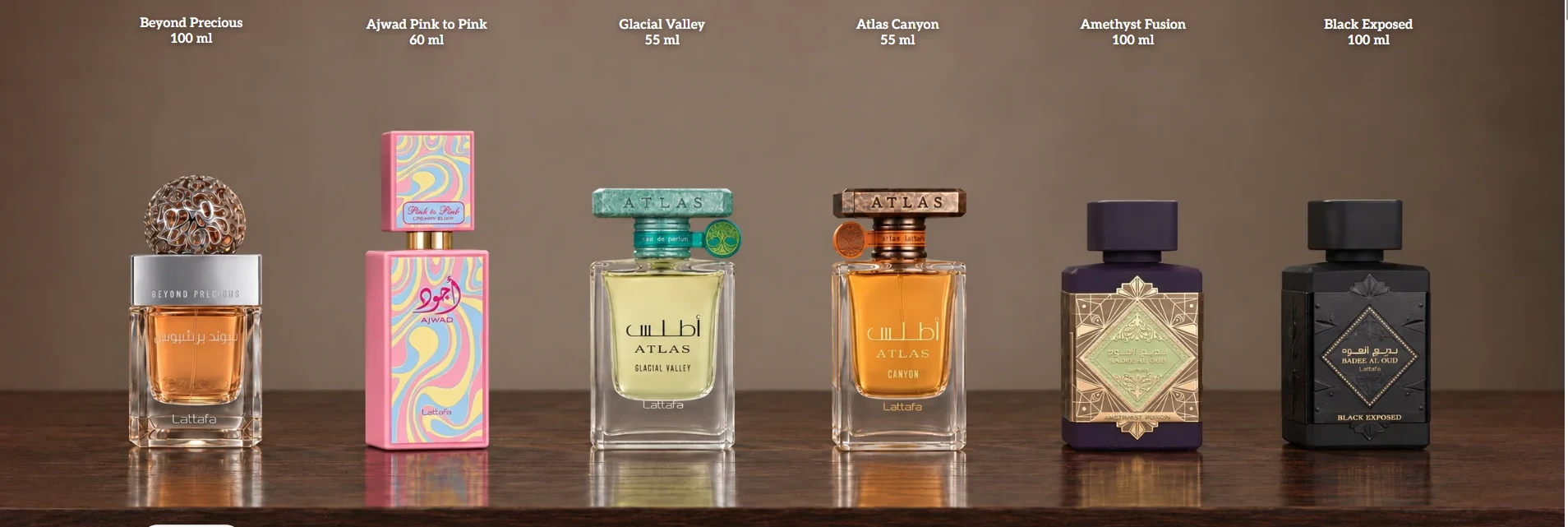 Lattafa Beyond Precious, Ajwad Pink to Pink, Atlas Glacial Valley, Atlas Canyon, Badee Al Oud Amethyst Fusion és Black Exposed parfümök